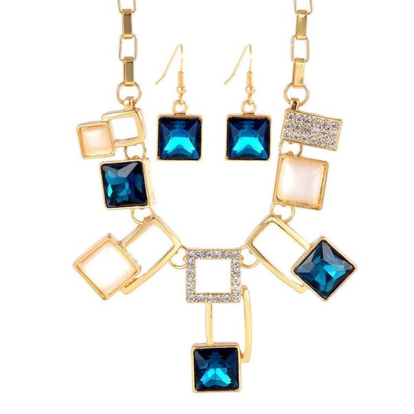 Brincos colar ouro cor casamento conjuntos de jóias para mulheres vestidos namoro acessórios azul preto branco cristal