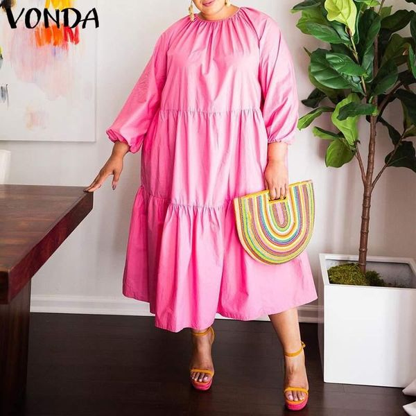 

casual dresses bohemian 3/4 sleeve pleated dress vonda women loose plain long party robe oversized solid sundress kaftan, Black;gray