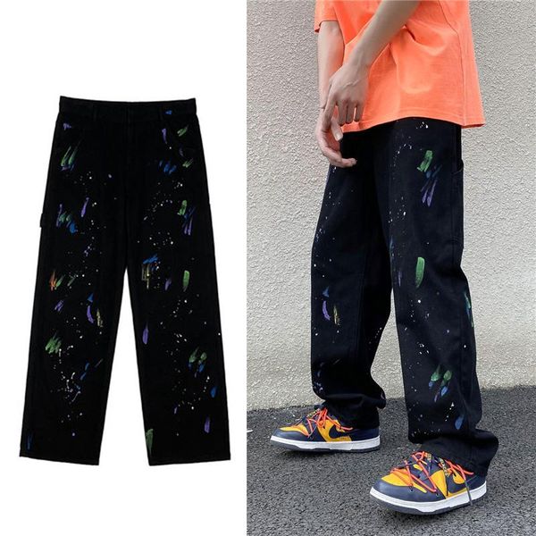 

men's jeans autumn vintage tie and dye loose straight black white denim pants trousers, Blue
