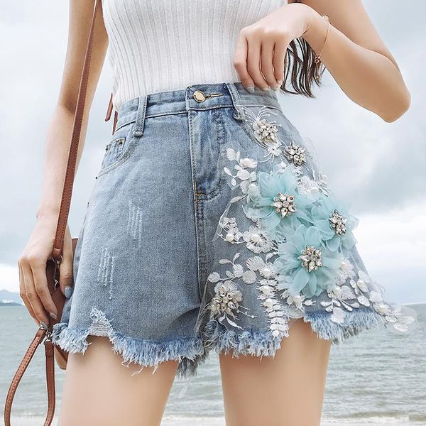 

women's shorts summer fashion women 2021 plus size jean female high waist wide leg tassel embroidery flower red black blue denim, White;black