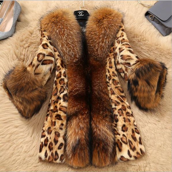 

women's fur & faux coat, raccoon collar and leopard print mid-length coat, Black