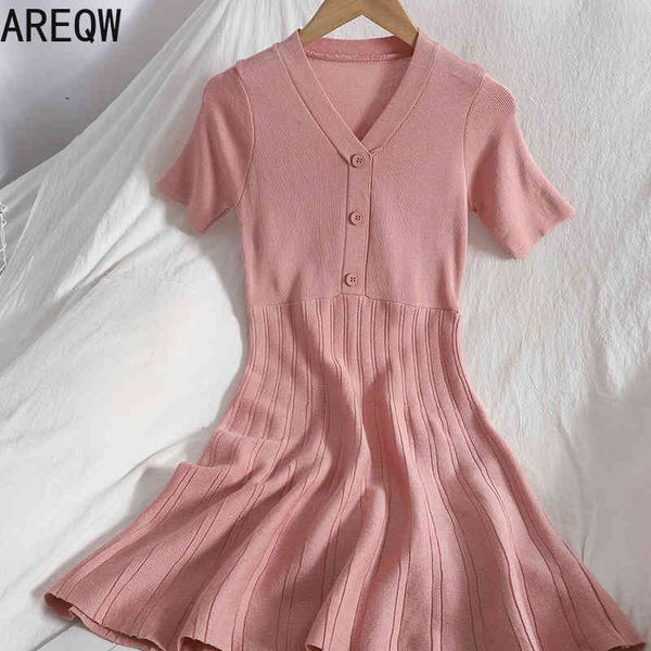 

spring and summer korean button-down head v-neck at wit comfortable short-sleeved knitted show thin solid dress woman 210507, Black;gray