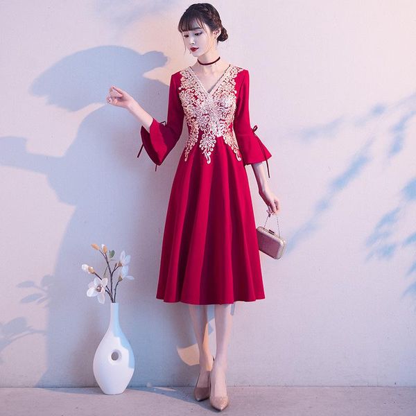 

women exquisite sequins appliques formal party dress elegant sweet bow trim banquet gown temperament bridal wedding dresses ethnic clothing, Red