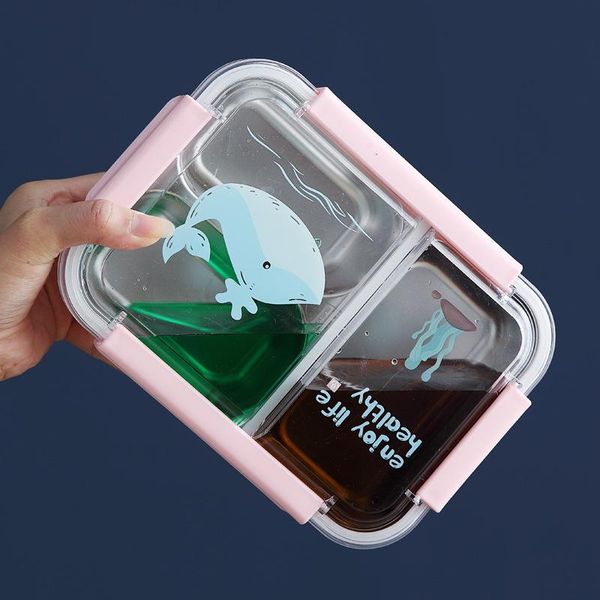 

cartoon 3 partition stainless steel kids lunch box leak-proof children bento student container microwave lunchbox dinnerware sets