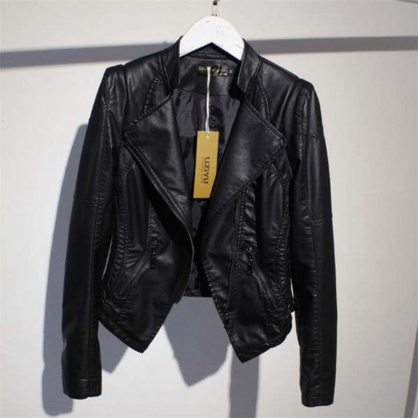

stand collar line stitching short pu leather jacket long sleeve women black casual ladies coats spring qk15501 210510, Black;brown