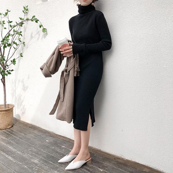 

casual dresses genayooa women dress elegant winter autumn stretch knit long sleeve turtleneck bodycon black sweater vestidos, Black;gray