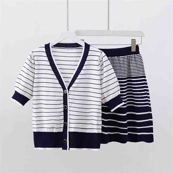 

fashion casual knitted two piece set women striped sweater cardigan mujer + a-line skirt sets ladies 2 suits summer outfit 210514, White