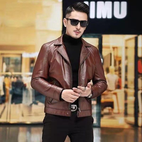 

men's leather & faux spring 2022 autumn men genuine jacket vintage slim fit motorcycle plus size sheepskin biker coat b286, Black