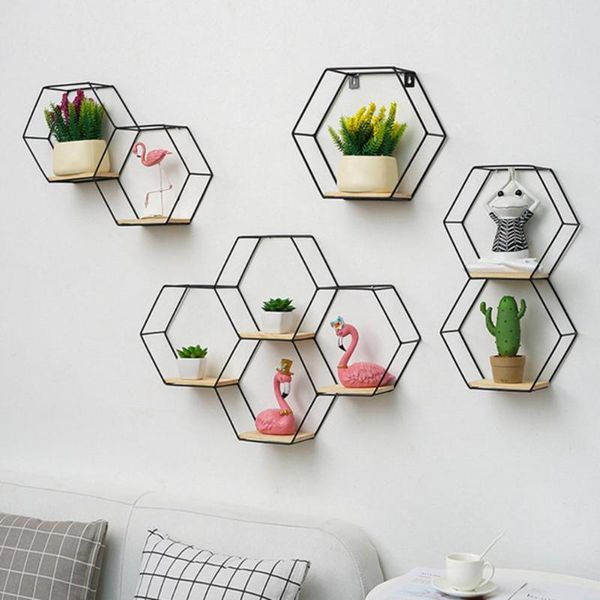 

morden nordic hexagonal iron stand small pot wall shelving holder home shelf storage decorative shelves other decor