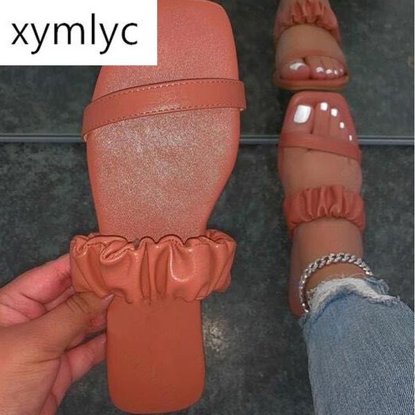 

women pleated band slippers 2021 ins summer slides fashion square toe shoes woman beach flats plus size 35-43 lady footwear, Black