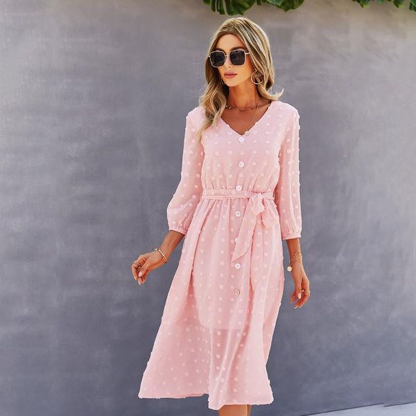 

casual dresses sweet summer pink elegant v neck long sleeve ladies dress fashion button women midi holiday party 2021, Black;gray