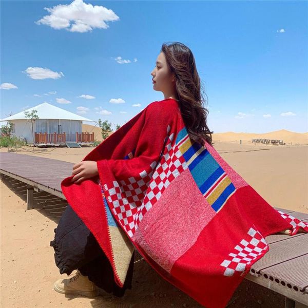

scarves big shawl female autumn and winter wear warm scarf red ethnic wind knitted coat travel po cloak luxury women, Blue;gray