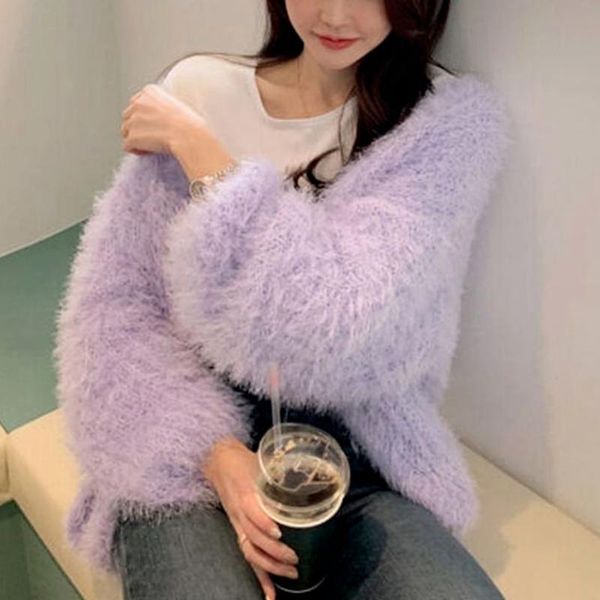 

women's sweaters 2021 women sweater furry puff sleeves cardigan female coat fairy elegant solid sweet soft mohair cardigans casual tedd, White;black