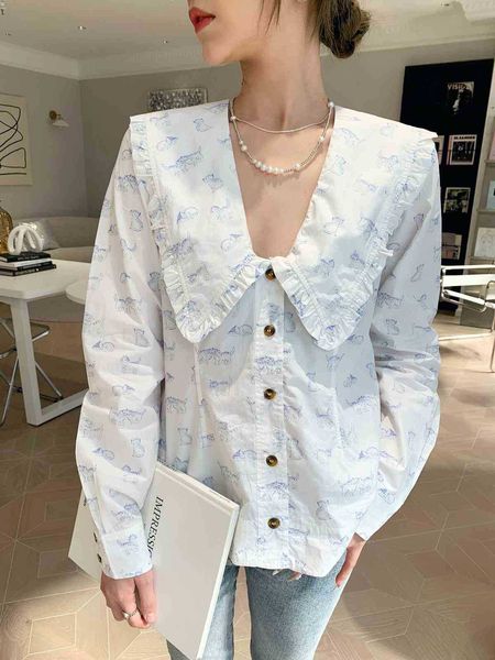 

women's sweaters sweaters early spring women cat print blouse lady peter pan collar rufflestrim single-breasted shirt and mlhr, White;black