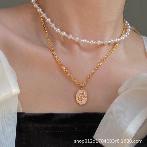 

pendant necklaces product all-match style strong light round pearl for women flower card stacking sweater chain wholesale, Silver