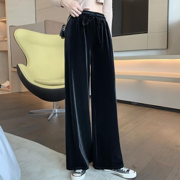 

women's pants & capris spring autumn wide leg 2021 winter high waist drop black velvet sports casual loose straight long, Black;white