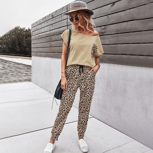 

fashion casual women's suit 2021 summer short-sleeved stitching t-shirt loose trousers 2-piece female two piece pants, White