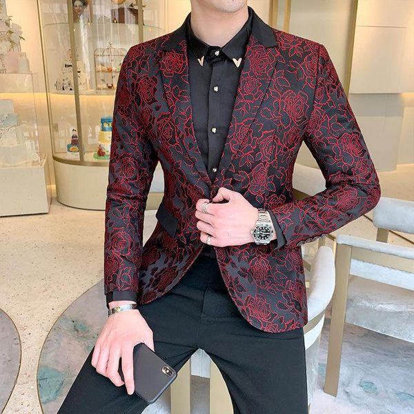 Ternos Masculinos Blazers Mens Blazer Luxo Homens De Prom Homens Bordados Vinho Vermelho Red Manga Longa Casaco Homme Slim Fit Palco Jackets