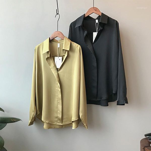 

imitation silk blouse 2021 all match women satin blouses office long sleeves femme v neck loose street shirts 0322 women's &, White