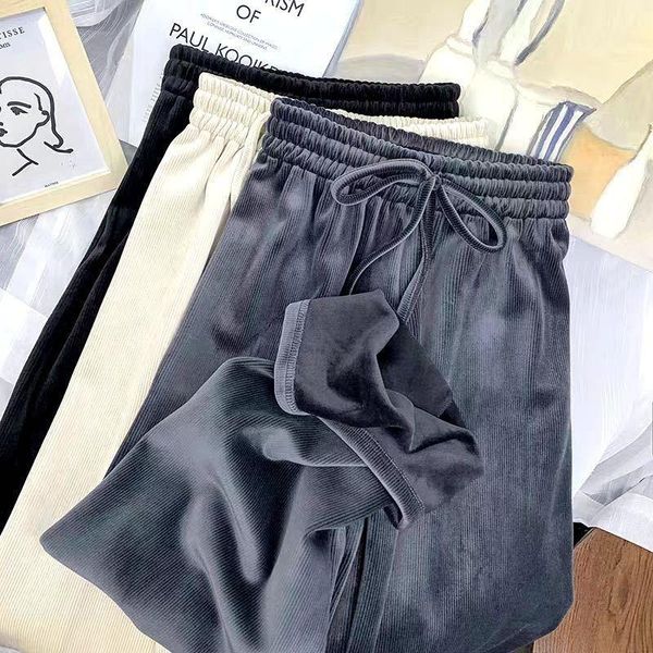 

women's pants & capris women autumn and winter chenille casual with velvet high waist thin dad loose wide leg corduroy trousers, Black;white