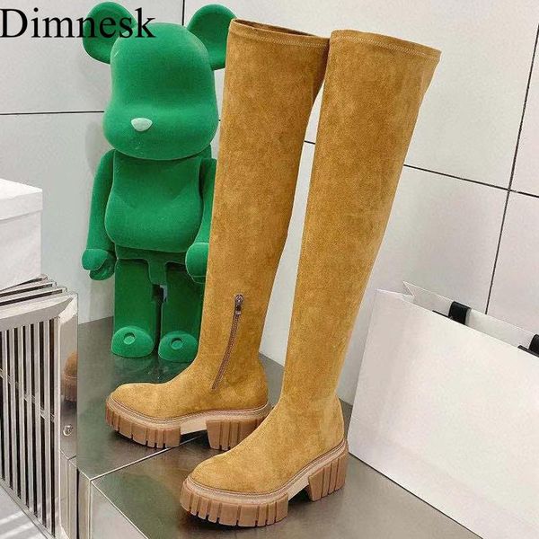 

boots runway stretch over the knee women suede thick sole chunky heel long autumn platform shoes thigh high female, Black