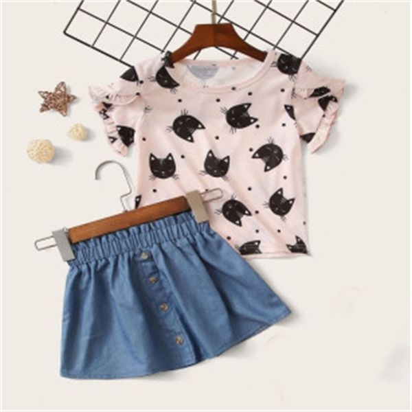 

summer suit cartoon printed t-shirt skirt 2pcs girl clothing kids costume for girls 210528, White