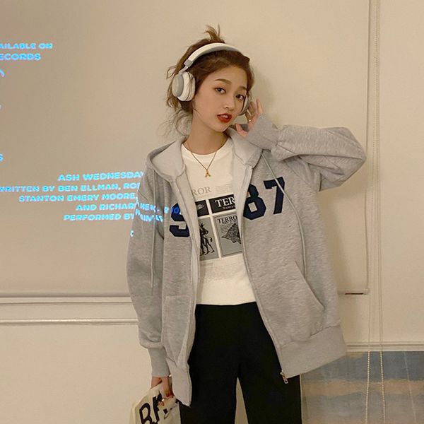 

3 colors 2021 women autumn winter hoodie coats warm jacket casual digit letter female thick coat womens (f4105), Black;brown