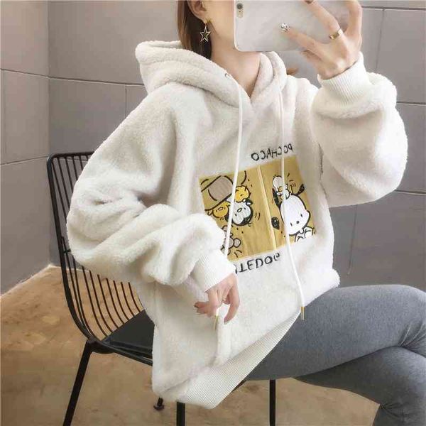 

lamb wool sweater women's 2021 autumn and winter new loose fleece plus plush thickened lazy coat, Black