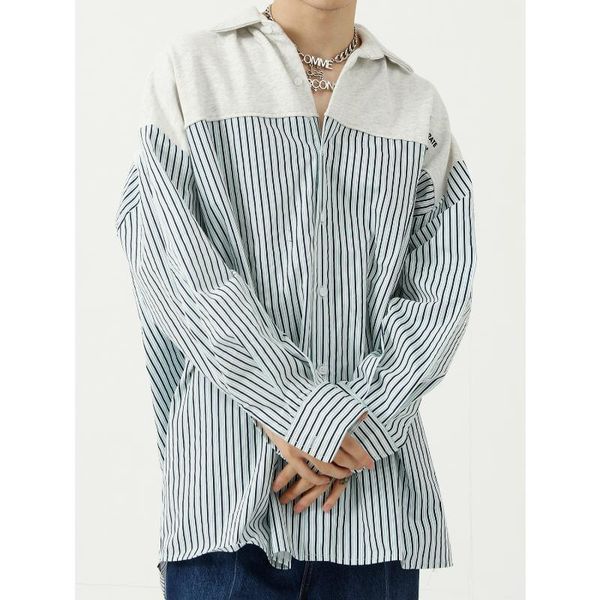 

men's casual shirts oversize men stripe splice loose long sleeve shirt man streetwear korean youth fashion cardigan coat, White;black