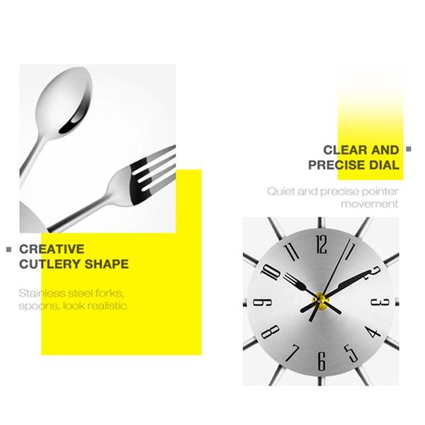 

1pcs 2021 noiseless stainless steel cutlery clocks knife and fork spoon wall clock