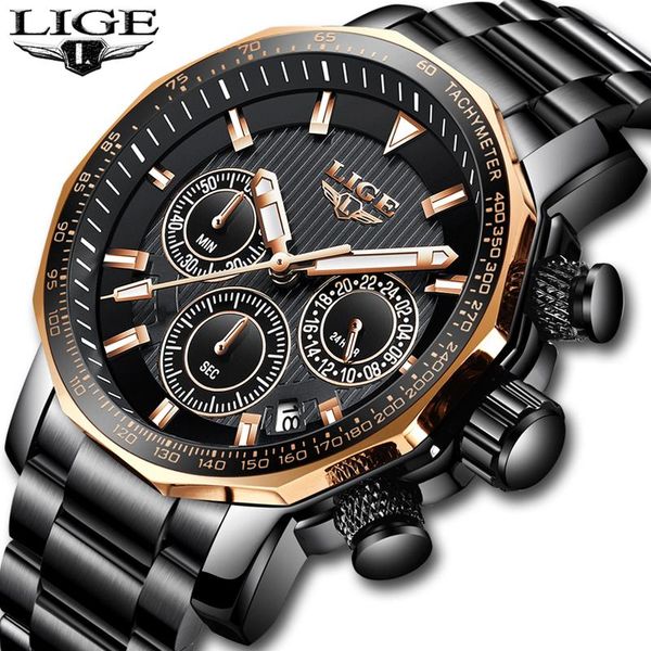 

watch mens fashion stainless steel date large dial quartz male casual waterproof sport watches wristwatches, Slivery;brown