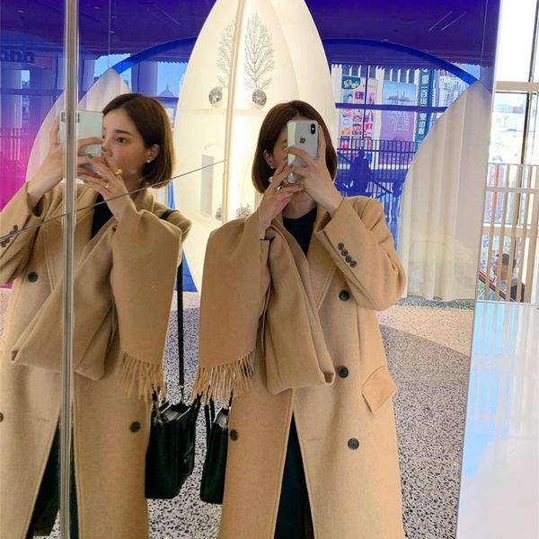 

women's wool & blends 2021 autumn and winter thickened tweed coat korean version straight tube thin solid color double breasted long, Black