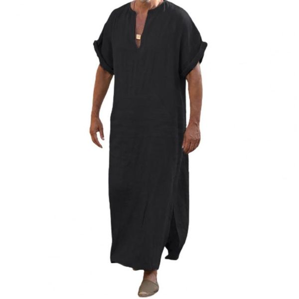 

men's sleepwear traditional deep v-neck men robe short sleeve lightweight solid color side split loose clothing for daily life, Black;brown