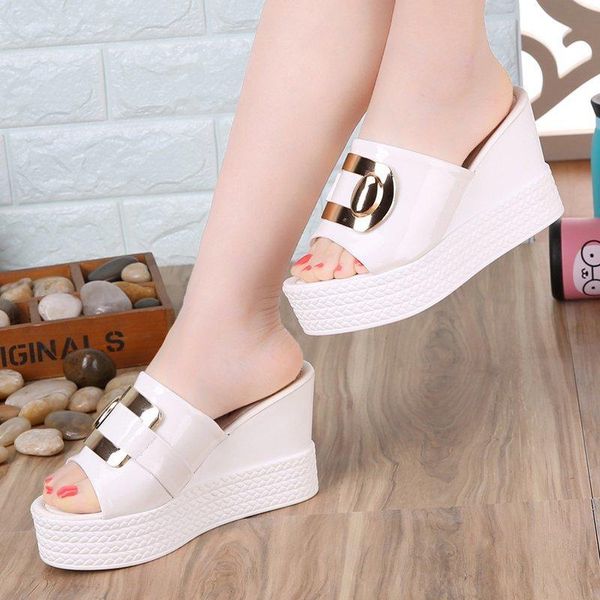 

female slippers slides pu leather women summer sandals wedge heels 9cm black ladies platform