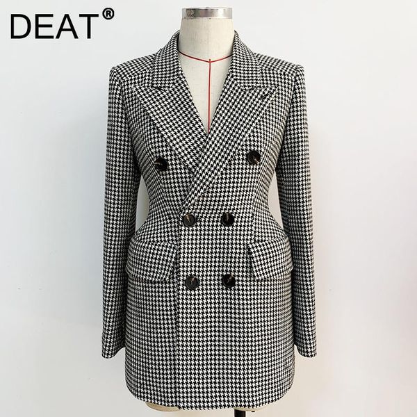 

women's suits & blazers deat 2021 women fashion slim fit notched long sleeve patchwork pockets houndstooth wool coat spring and autumn, White;black