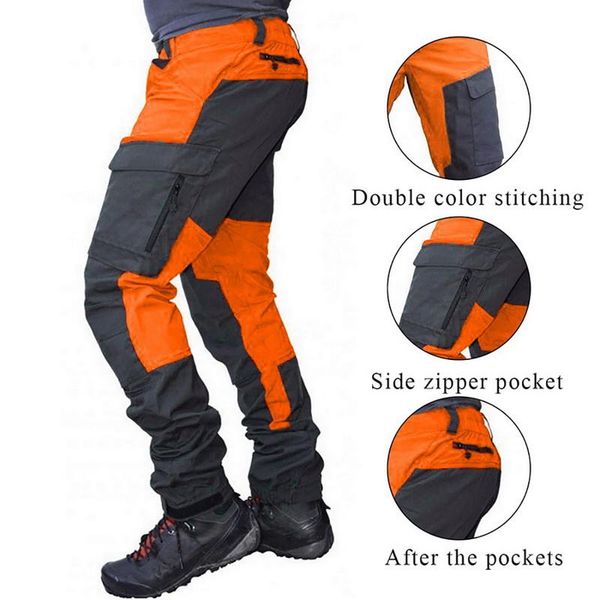 

men's pants casual men fashion color block multi pockets sports long cargo work trousers for outdoor straight pant, Black