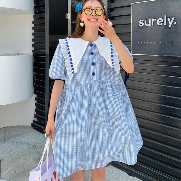 

party dresses 2021 summer sweet girl wind lotus leaf edge navy collar blue plaid dress medium length swing 1-77, White;black