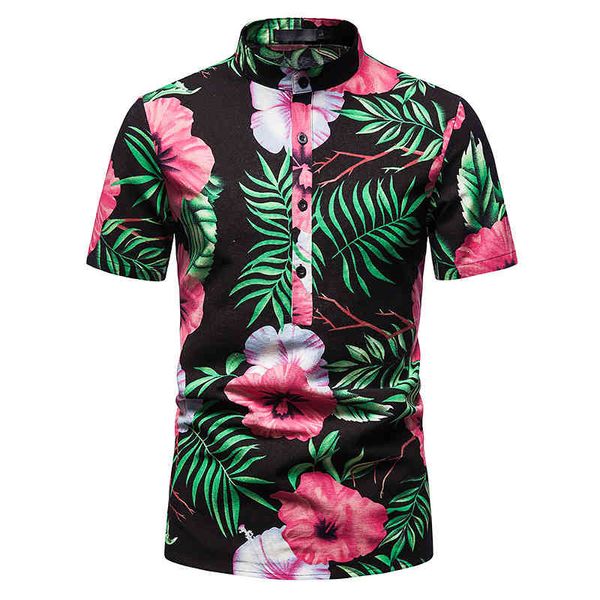 Rosa Blumenhemden Männer Stehkragen Lässiges Herrenhemd Hawaiian Übergroße Kurzarm Camisas Sommerurlaub Strand Streetwear 210524