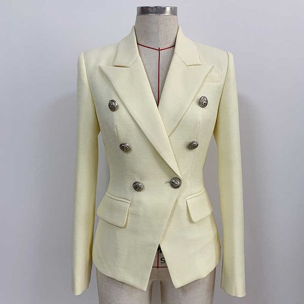 

est classic designer jacket women's silver lion buttons double breasted slim fit textured blazer outer wear 210526, White;black