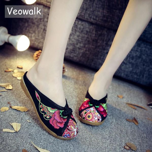 

slippers veowalk summer women's old peking round toe basic flat flower embroider casual beautiful slides cotton shoes for women, Black