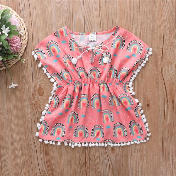 

girl's dresses 2021 kids beach dress, rainbow print round collar casual sundress beachwear for summer,1-5 years, Red;yellow