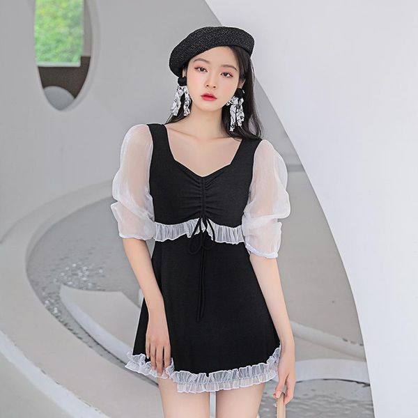 

one-piece suits korea style one piece swimwear summer beach swimdress long sleeve swimsuit mesh patchwork bathsuit push up beachwear pad