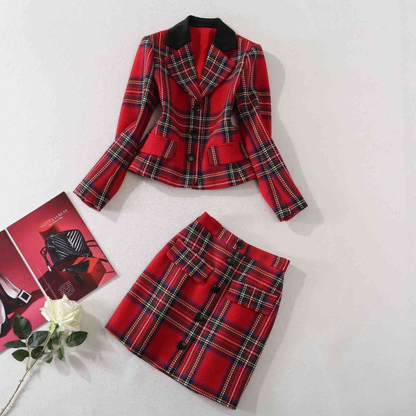 

two piece dress european and american women's clothing winter style long sleeve coat red plaid skirt fashion suits u3gw, White