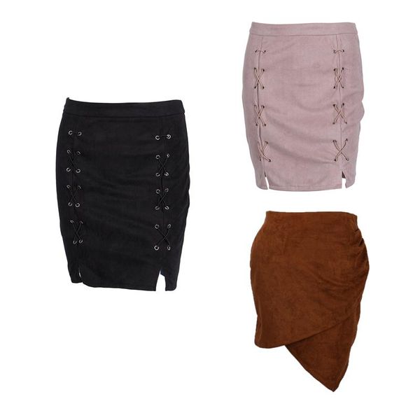

skirts women high waist lace up suede leather pocket preppy fashion show thin short mini 3 style outfit fall winter, Black