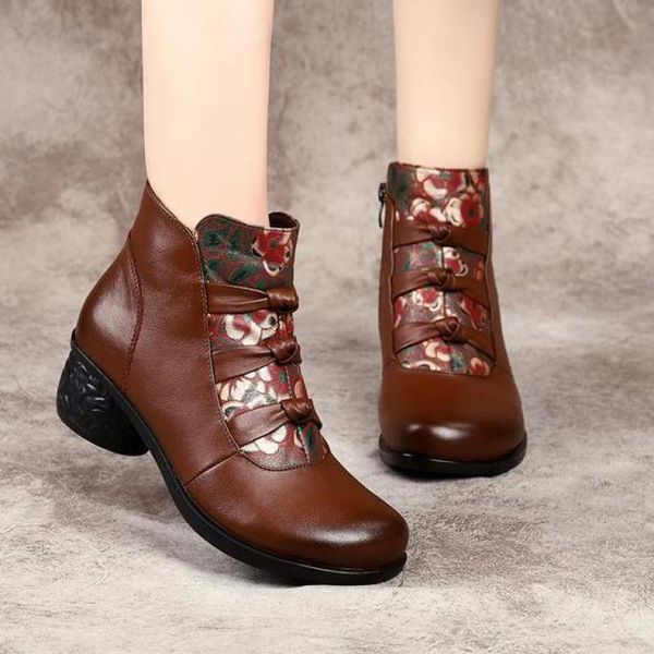 

boots johnature print shoes women genuine leather 2021 vintage national style handmade zip sewing concise platform, Black