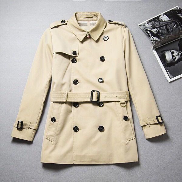 

men's short trench coat loose khaki navy blue black double-breasted windbreaker gabadian cotton british style autumn and winter jacket, Tan;black