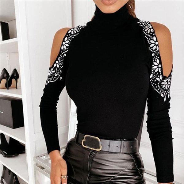 

women's t-shirt women turtleneck 2021 spring fashion solid color drill strapless bottoming tees exquisite, White
