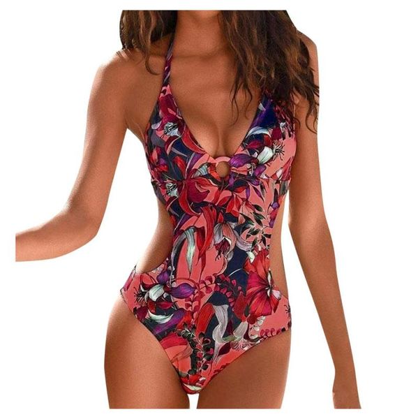 

women lace up leaves floral print swimwear pad push-up one piece bikini swimsuit mid waist one-piece suits