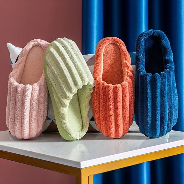 

women corduroy winter bedroom slippers solid color warm indoor couple ladies stripe silence shoes light non slip, Black