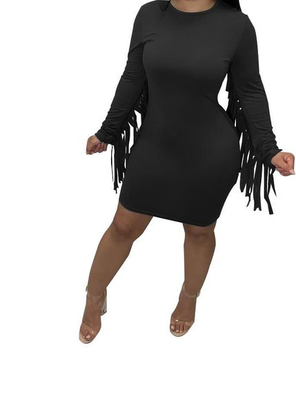 

casual dresses women fall clothes 2022 wholesale solid color tassel patchwork long sleeve sheath mini evening party dress, Black;gray